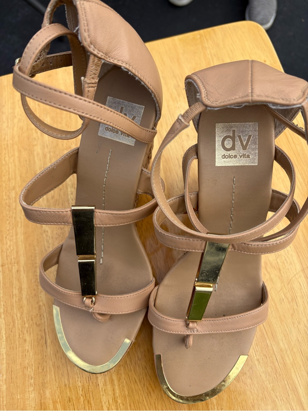 Dolce Vita Tan Strappy Heeled Sandals with Gold Accents